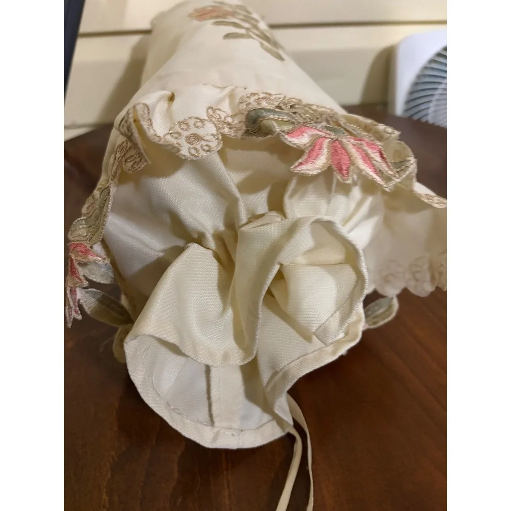 Cream Embroidered Lotus Bolster Pillow Ruffle Lace Trim Cylindrical 22in cottage